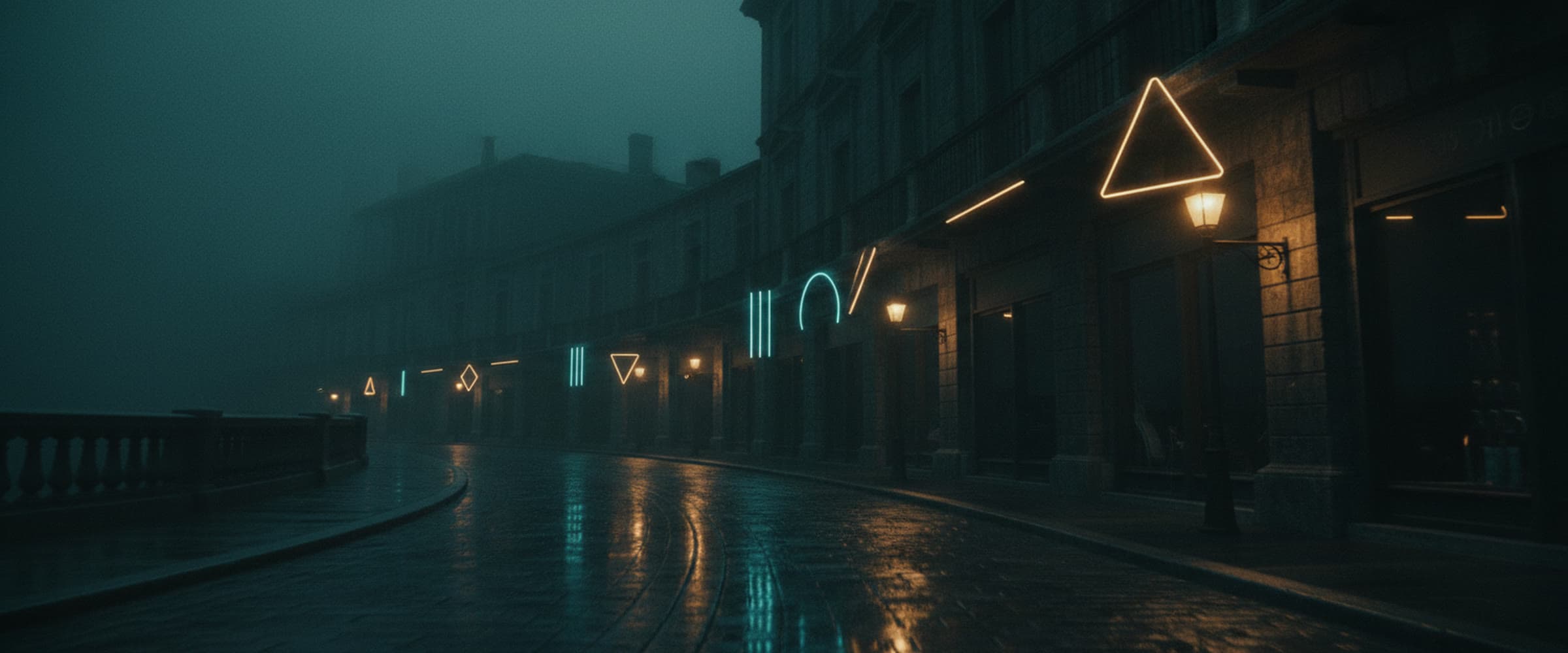 A rain-soaked street at dusk with neon reflected in the puddles