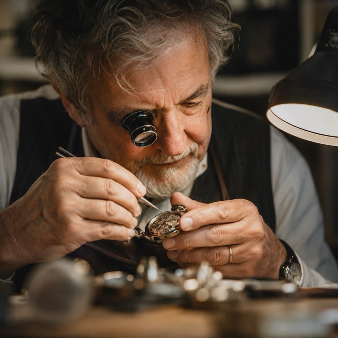 A watchmaker at a bench with a loupe, lit by a warm lamp