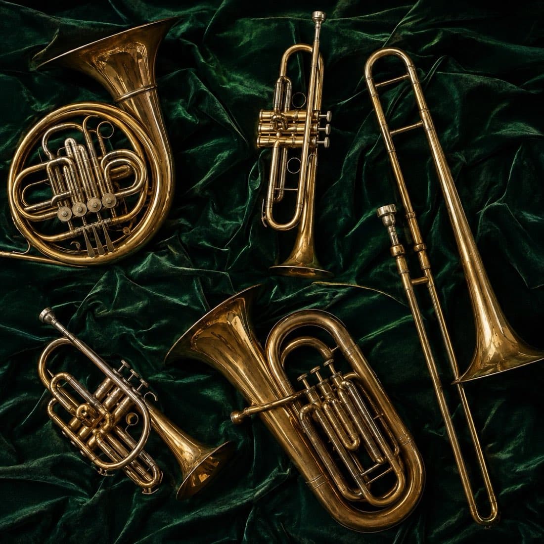 Brass instruments arranged on dark green velvet, seen from above