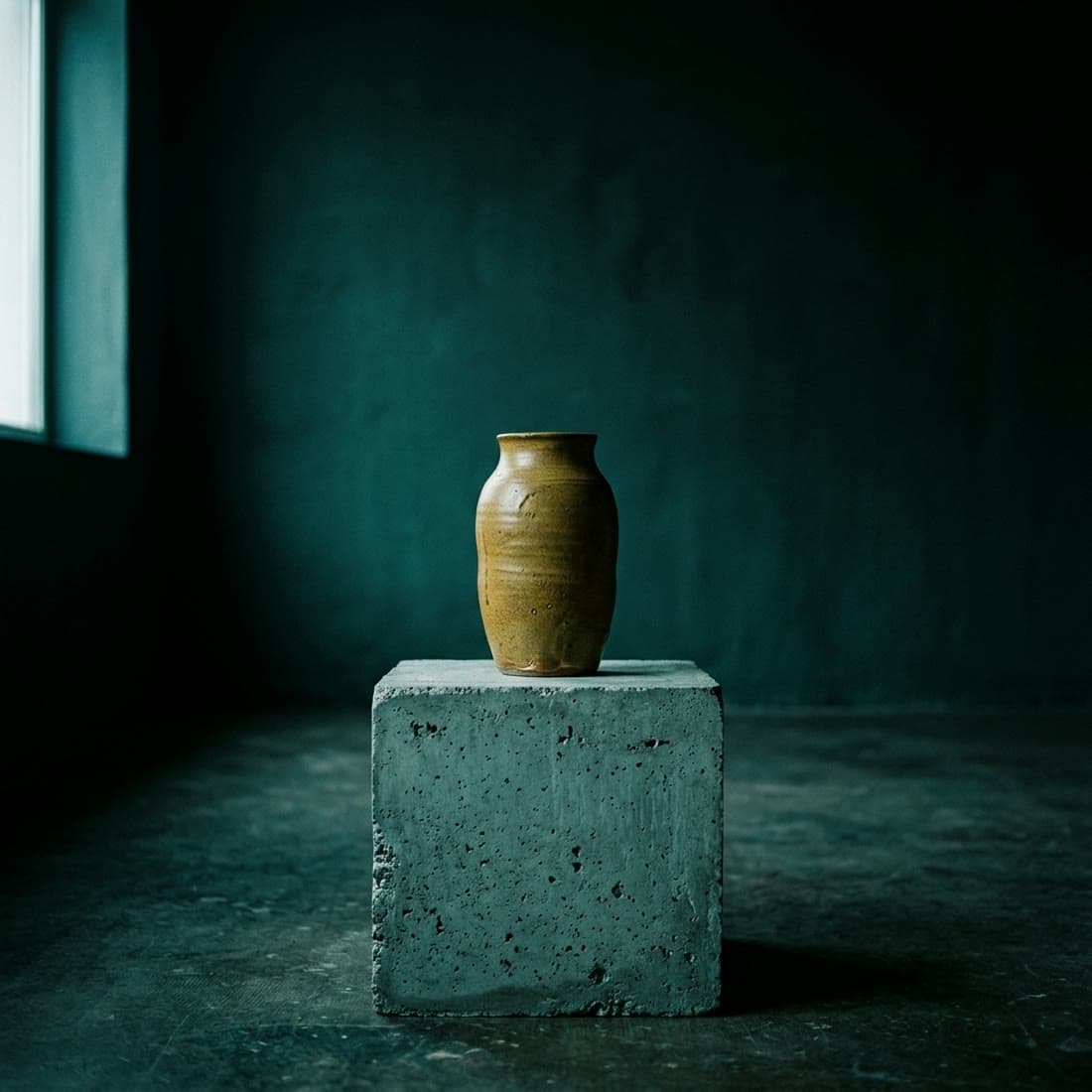 A ceramic vase on a concrete plinth in cold window light